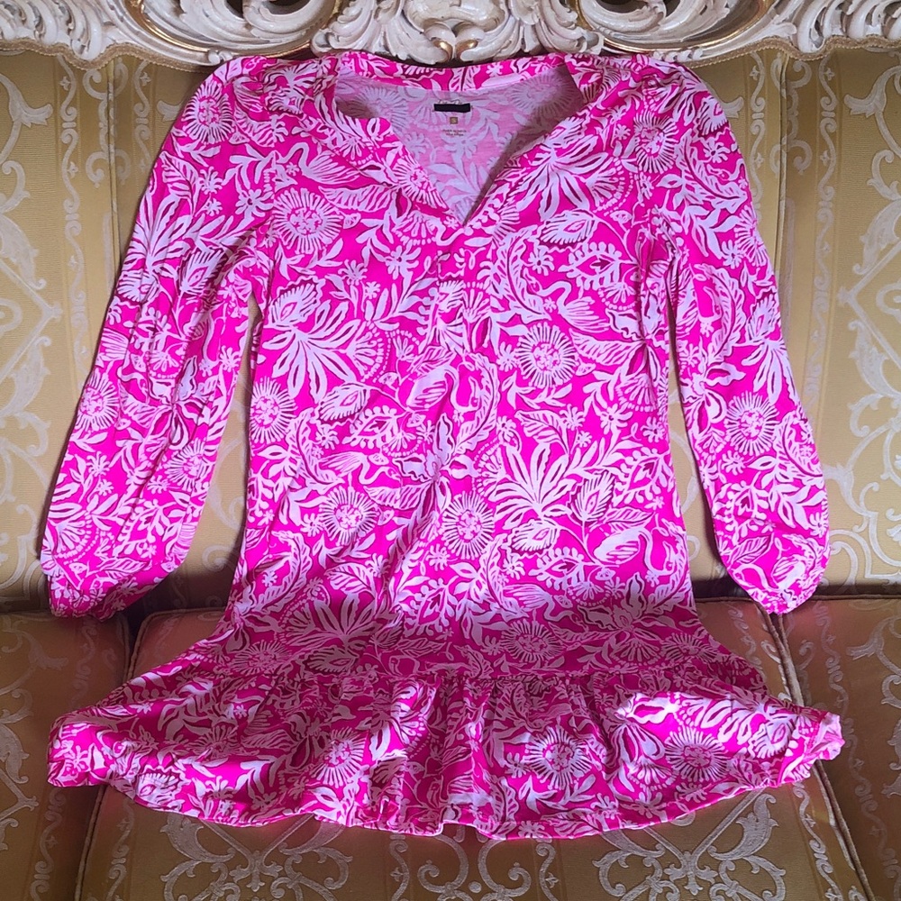 Lilly Pulitzer Bright Pink & White Floral Peplum Maxi Dress